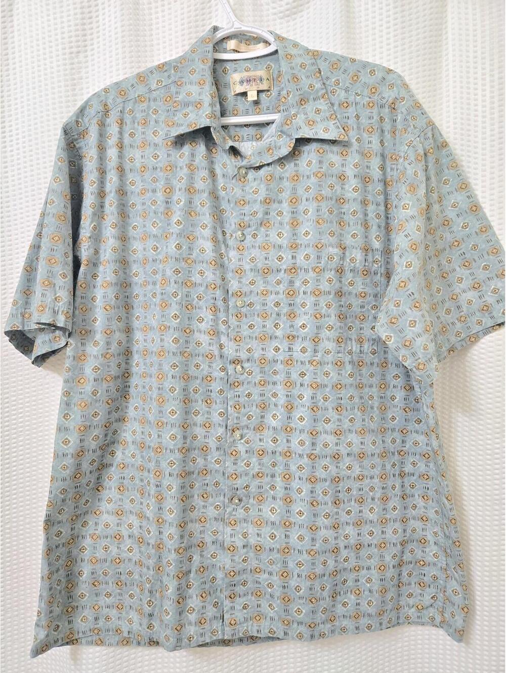 Vintage Campia Moda Geometric Shirt Blue Brown Men's Lg Boho Resort Wear